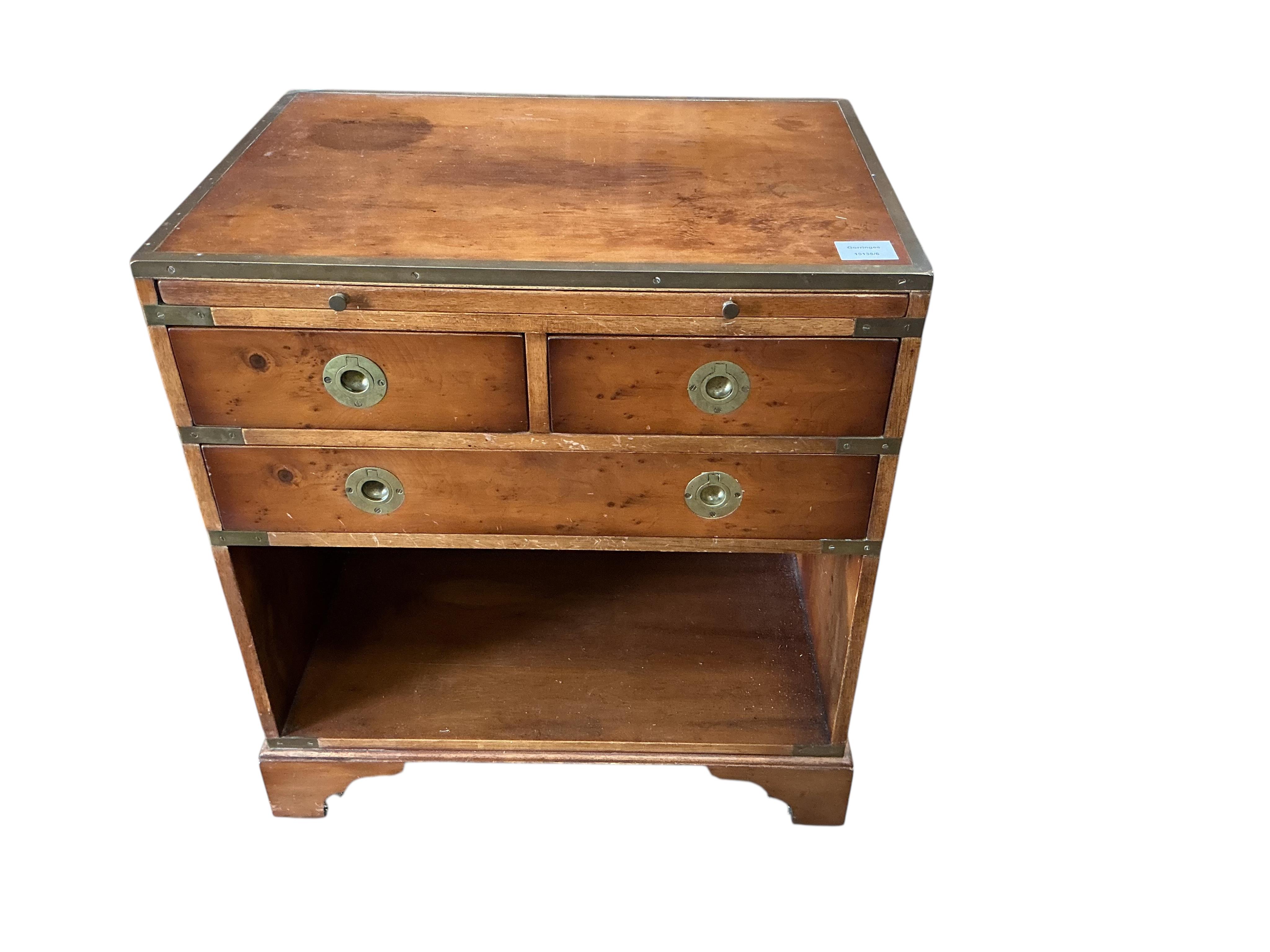 A reproduction brass mounted military style yew side cabinet, width 56cm, depth 40cm, height 60cm